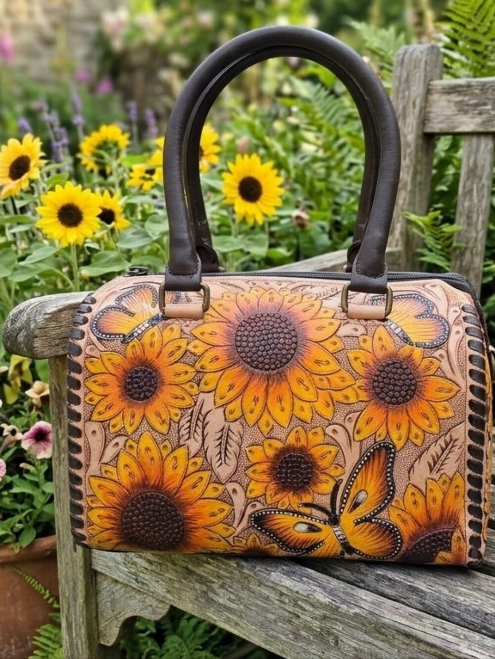Genuine Leather Sunflower & Butterfly Handtooled Speedy Bag NWOT